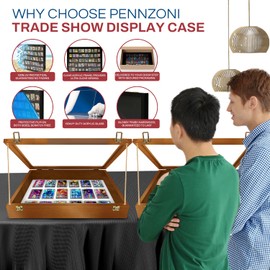 PENNZONI Trade Show Display Case - Small Tabletop Display , Baseball Card Display Case, Small Trading Card Collector Display Case , Acrylic Display Case w/Wooden Dowels | Walnut with White Felt