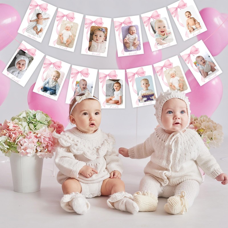 JarThenaAMCS Pink Bow Photo Banner First Birthday Cute Bowknot Hanging