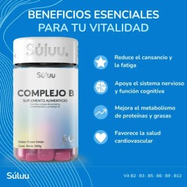 Súluu Complejo B | Gomitas Vitaminadas, Energía y Vitalidad, Sistema Nervioso Saludable, Salud Cerebral y Concentración, Metabolismo Activo | 60 Gomitas | Sabor Fresa-Limón | Vitaminas B12, B3, B5, B6