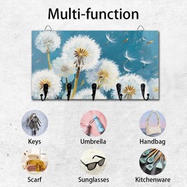 DELORIGIN Dandelion Key Holder Key Hooks Wall Mounted Wooden Key Racks with 5 Hooks Flower Key Storage Organizer House Key Hanger for Wall Decor Door Entryway Hallway Kitchen New Home Gift