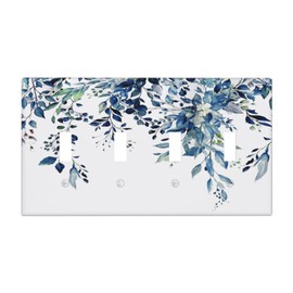 Blue Eucalyptus Watercolor Leaves Quad Toggle Light Switch Cover Decorative Green Plant 4 Gang Wall Plate Electrical Faceplate Switchplate for Kidroom Bathroom Bedroom Living Room Decor