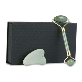rosenice Gua Sha Facial Tools Guasha Tool Gua Sha Jade Stone for Face Skincare Facial Body Acupuncture Relieve Muscle Tensions Reduce Puffiness Festive Gifts (Green-Set)