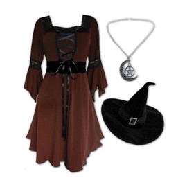 Disfraz de bruja mágica de Dare to Wear: colgante de pentagrama, sombrero de terciopelo, vestido gótico victoriano para mujer, Vestido Renacimiento, Nogal, 3x