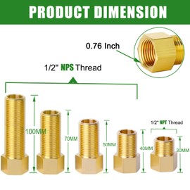 1/2" Brass Pipe Extension Fitting, 1/2" Female to 1/2" Male Pipe Connector Fitting, Brass Hex Bushing Adapter Reducer Adapter for Tub Spout/Shower with Teflon Tape, Length 30/40/50/70/100MM (5PCS)