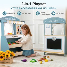 Kids Grocery Store Pretend Play, Puppet Theater&Grocery Store Playset Toy