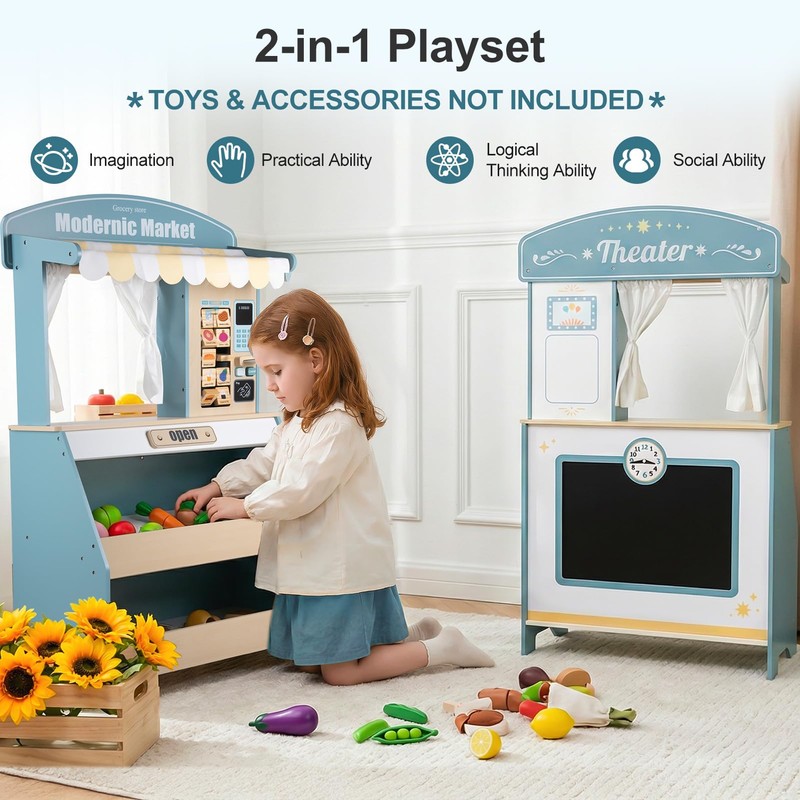 Kids Grocery Store Pretend Play, Puppet Theater&Grocery Store Playset Toy