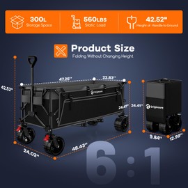 48" L Folding Beach Wagon Cart Foldable, 560lbs Weight Capacity 300L Heavy Duty Collapsible Wagons with Big All-Terrain Wheels, Utility Carts for Groceries, Shopping, Camping, Sports - Grey&Black