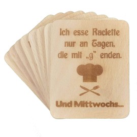 Raclette Coasters with Laser Engraving "I Eat Raclette" Beech Wood 100 x 80 x 7 mm Pack of 8