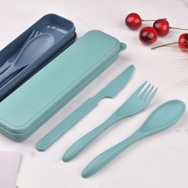 2 Sets Reusable Cutlery Set with Case, Travel Fork Knife Spoon Set, Portable Plastic Cutlery Set for Picnic School Office Lunch (Green,Blue)