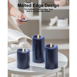 Velsyn Navy Blue Flameless Candles with Remote and Timer, Real Wax Made LED Pillar Candles Battery Operated with 3D Flickering Flame Melted Top - 3" x 4", 3" x 5", 3" x 6" - Set of 3