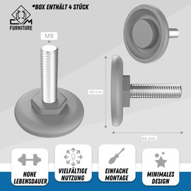 CM Furniture Adjustment Screw, Set of 4, Adjustable Feet Furniture Feet, Adjustable Metal M8 x 30 mm, Adjusting Screw Feet for Furniture, Adjustment Screw Feet, Height Adjustable for Table Legs