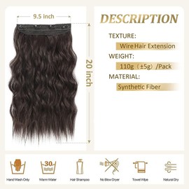 Long Wavy Hairpiece,20 Inch Dark Brown,Invisible Wire Hair Extensions with Transparent Wire Adjustable Size with 4 Secure Clips,Headband Hairpieces for Women,Girls