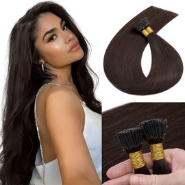 MY-LADY I Tip Hair Extensions Human Hair 100 Strands 16 Inch Dark Brown Pre Bonded ITip Human Hair Extensions Cold Fusion Stick Tip Hair Extensions 50g