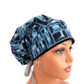 Bouffant Medical Scrub Cap - Skeleton X-ray - Scrub Hat for Women & Men tie Back. Nurses Hats Ponytail Holder Dr. Hats. Long Hair