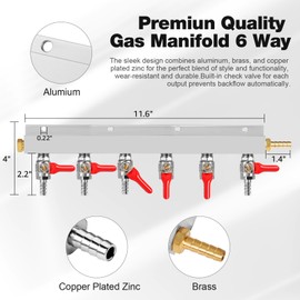 Dbgogo Gas Manifold, 6-Way Co2 Gas Distributor 5/16” Bard Fitting Kegerator Co2 Splitter Beer Keg Air Distributor Co2 Manifold with Integrated Check Valves & Hose Clamps