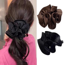 HAPVITAL Chou Chou Chiffon Chou Fashionable Adult Hair Rope Hair Elastic Adult Elegant Hair Accessory Satin Simple Hair Accessory Hair Ornament Large Solid Extra Large (Black + Dark Brown)