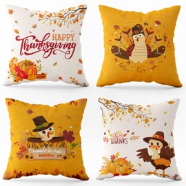 Mocsicka Thanksgiving Turkey Pumpkin Pillow Covers Happy Thanksgiving Harvest Decorative Throw Pillow Cover Outdoor Line Cushion Cases for Sofa Couch Set of 4