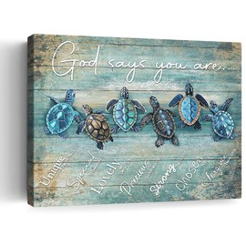 Farmhouse Sea Turtle Wall Art Inspirational Bible Verse Wall Art God Says You Are Motivational Scripture Quotes Wall Decor Sea Turtle Canvas Print Framed Artwork for Bathroom Living Room Docer 12"x16"