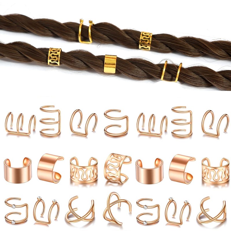 Rose Gold Hair Braids Dreadlock, 24 Pcs Non-Piercing Ear Clip