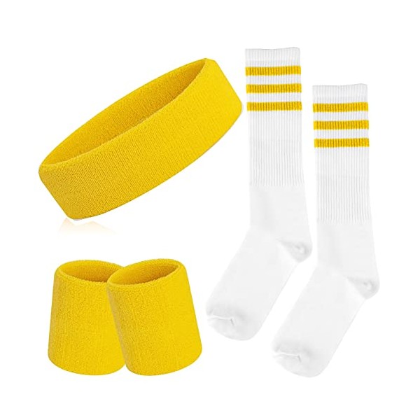 ONUPGO 5 Pieces Striped Sweatbands and Socks Set Sports Striped Headband Wristbands Sweatbands Striped High Sock for Men Women Sports and 80s Party (Yellow/White/Yellow)