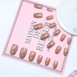Allereya Glitter Beige Press on Nails Medium Oval False Nails Shimmering French Ballerina Nails Clip on Nails Full Coverage Acrylic Nails for Women Girls 24 Pieces