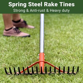 CKLT Garden Rake 17 Spring Steel Tines Heavy Duty Rake for Lawns with 62 Inch Stainless Steel Adjustable Long Handle for Loosening Soil Yard Work