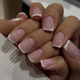 Generic 24Pcs White French Tip Press on Nails Short Square Fake Nails Nude Glossy False Nails Acrylic Stick on Nails Reusable Artificial Nails for Women Girls Glue on Nails