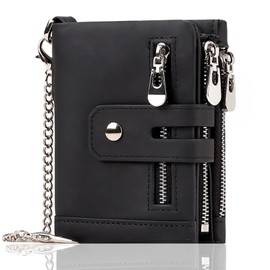 Cartera para Hombre con Bloqueo Rfid, Billeteras de Piel Con Ventanas de Identificación para Tarjetas Múltiples, Doble Cierre, Bolsillo para Monedas con Cadena Antirrobo, Regalo para Hombre, Negro