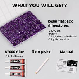 30000Pcs Resin Rhinestones for Crafting Bedazzling, Purple Flatback Gems Crystal for Crafts Clothing Clothes Shoes Fabric Tumbler Tshirt, Flat Back Dark Purple Jewels Bulk Multisized with b7000 Glue