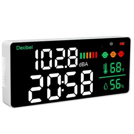 Medidor de Decibelios LED 4 en 1, Medidor de Nivel de Sonido Montado en la Pared Rango de 30-130dB Pantalla LED Grande de 11 Pulgadas, Ruido + Tiempo + Temperatura + Medidor de