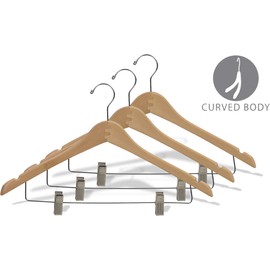 The Great American Hanger Company Curved Wood Combo Hanger w/Adjustable Cushion Clips, Box of 100 17 Inch Wooden Hangers w/Natural Finish & Chrome Swivel Hook & Notches for Shirt Jacket or Dress