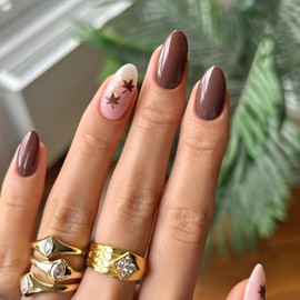 24Pcs Fake Nails Fall Press on Nails Short Almond Nails Press Ons Maple Leaf False Nails with Gold Glitter Design Glossy Full Cover Glue on Nail DIY Stick on Nail for Women and Girls