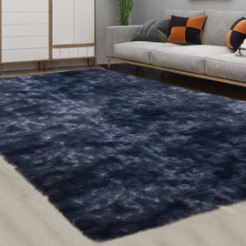 CAROMIO 9x12 Fluffy Area Rugs for Living Room Modern Plush and Thick Extra Large Faux Fur Shag Rug Non-Slip Tie Dye Carpet for Bedroom, Fuzzy Shaggy Rugs for Kids Nursery Dorm, Navy Blue