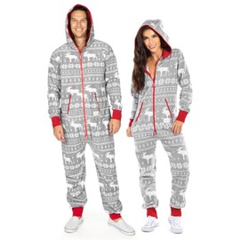 Tipsy Elves Christmas Onesies for Adults - Comfy Unisex Matching Holiday Jumpsuits with Convenient Pockets - Cozy Grey Moose Christmas Jumpsuit Size XX-Large