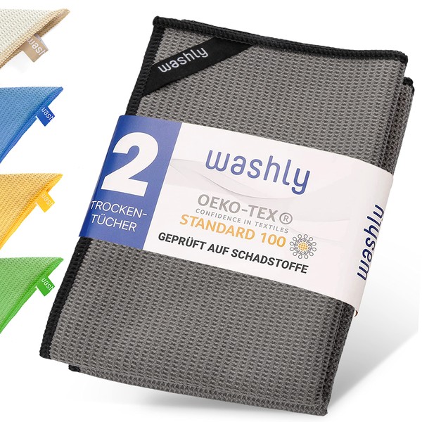 washly Microfibre Drying Towel in Top Quality with Oeko-Tex Seal (2 Pieces, 40 x 60 cm, Grey) Premium Waffle Towel Especially for Kitchen, Bathroom and Household - Streak-free and Lint-Free Window