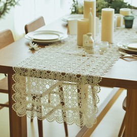 LIN TONG Lace Table Runner,Farmhouse Vintage Macaron Dresser Scarf,Delicate Lace Embroidery Table Runner for Coffee Table Kitchen Home Outdoor Picnic Wedding Decor,Doilies for Tables White 17x108in