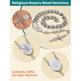 Saint Christopher Cross Necklace, Stainless Steel Rosary Beads Catholic Jewellery, Crucifix Gifts for Father Son