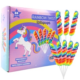 Rainbow Twist Lollipops, Bulk Individually Wrapped for Birthday Parties, Unicorn Candy Swirl Suckers, 24 Pops