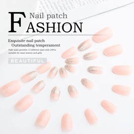 Acenail Almond Press on Nails Long Fake Nails Nude Acrylic Press on Nail Medium Length Full Cover Nail for Women 24Pcs (G-French Glitter)