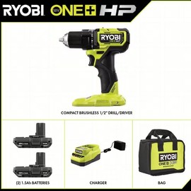 RYOBI ONE+ HP 18V Brushless Cordless Compact 1/2in. Drill/Driver Kit with (2) 1.5 Ah Batteries and Charger (Renewed)