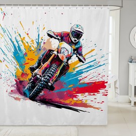 Feelyou Dirt Bike Shower Curtain 72"x72" Motorbike Bath Curtain Waterproof Racing Motocross Rider Bathroom Shower Curtain Set for Kids Boys Girls Motorcycle Kids Bathroom Accessories Racing Themed