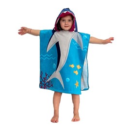Children's Poncho, Bath Poncho, Hooded Towel, Bath Towel, Bath Towel with Hood for Boys and Girls, 100% Cotton (Shark)