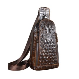 Hebetag Crocodile Genuine Leather Sling Bag Backpack for Men Travel Outdoor Hunting Hiking Camping Crossbody Shoulder Chest Pack Daypack Coffee