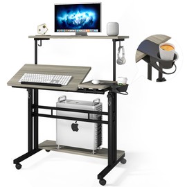 Panta Mobile Standing Desk, Adjustable Rolling Computer Desk with 3 Desktops, Portable Laptop Table with Cup Holder, Home Office Laptop Workstation on Lockable Wheels, Grey Oak