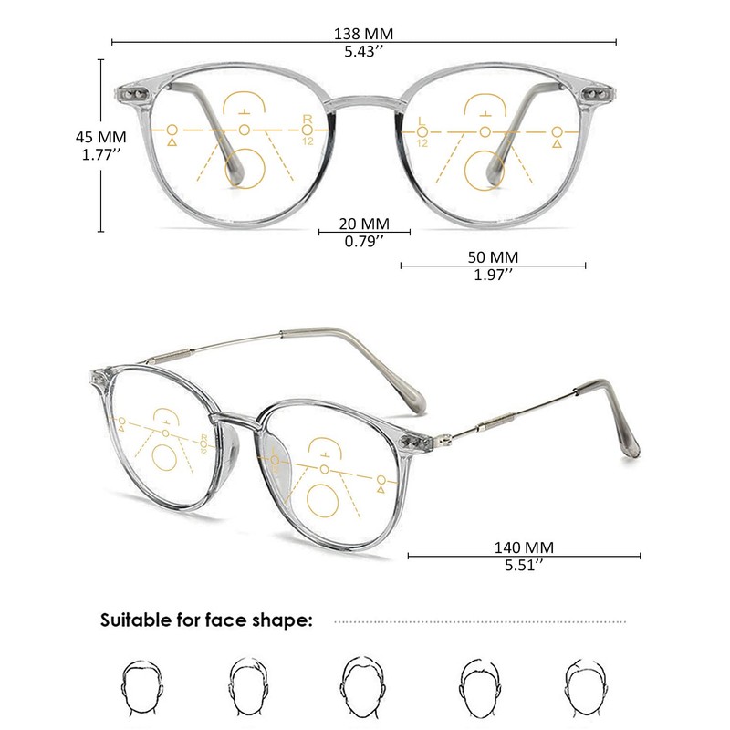 KOOSUFA Mode Runde Gleitsichtbrille Progressive Multifokus Anti-Blaulicht Lesebrille Damen Herren