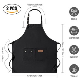 WENYA 2 Pack Kitchen Apron for Women, Unisex Adjustable Cooking Apron with Pockets, Canvas Waterproof Apron for Home Kitchen, Restaurant, Coffee House (Black)