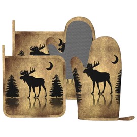 MIFSOIAVV Rustic Elk Moose Deer Forest Pine Tree Moon Design Oven Mitts and Pot Holders Sets Silicone Moose Kitchen Mitts Potholders Heat Resistant 4Pcs Moose Oven Gloves Hot Pads for Kitchen