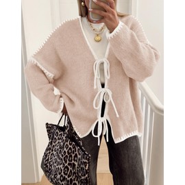 ZESICA Women's Tie Front Bow Cardigan Sweaters 2025 Casual Long Sleeve Knit Color Block Fall Winter Clothing Coats,Oats,Small