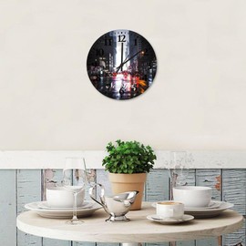 Silent Wall Clock Analog Round Non-Ticking Skyline New York City Landscape Decorative Wall Clocks NYC City View Painting Cityscape Wooden Wall Decor for Family Room Garage Children's Room 10 Inch