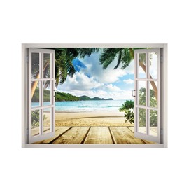 West Mountain Caribbean Beach Tropical View Window 3D Wall Decal Art Removable Wallpaper Mural Sticker Vinyl Home Decor W63 (Large (49''W x 35''H))